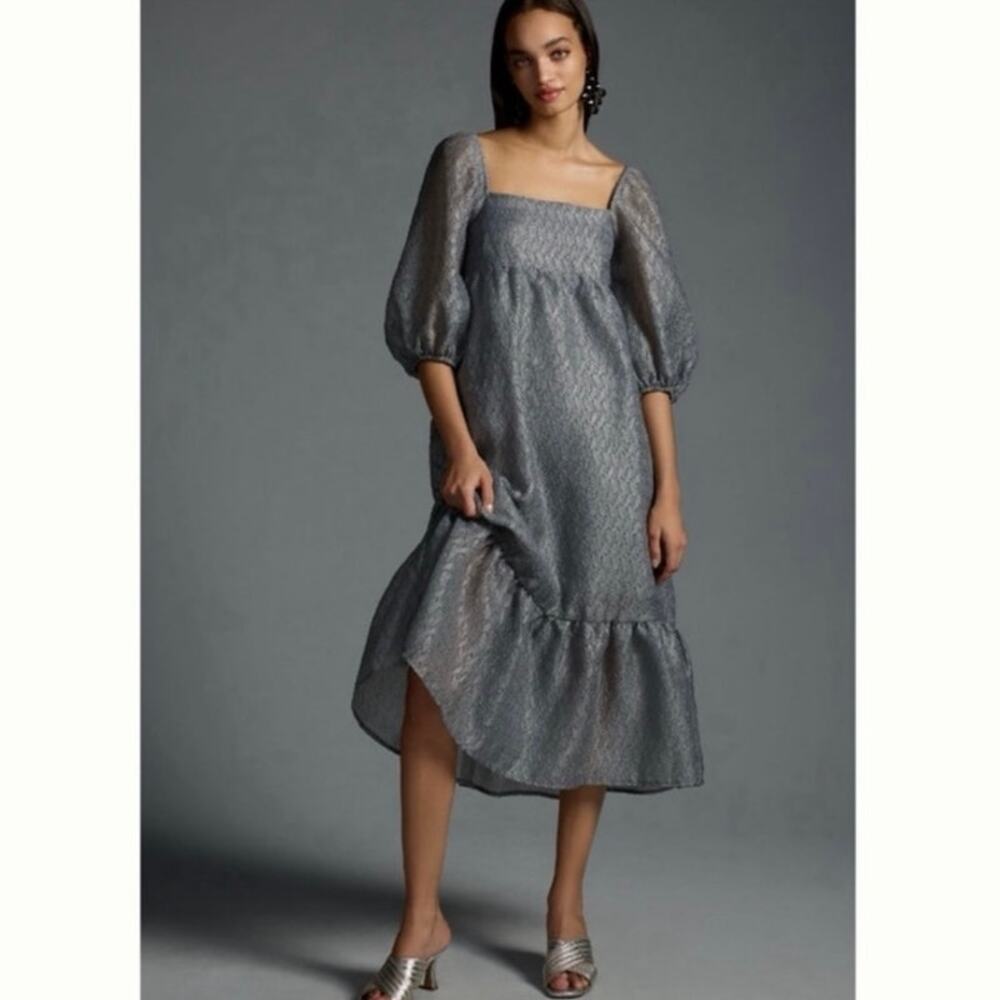 By Anthropologie Gray Silver Puff Sleeve Textured Midi Dress, Size Medium